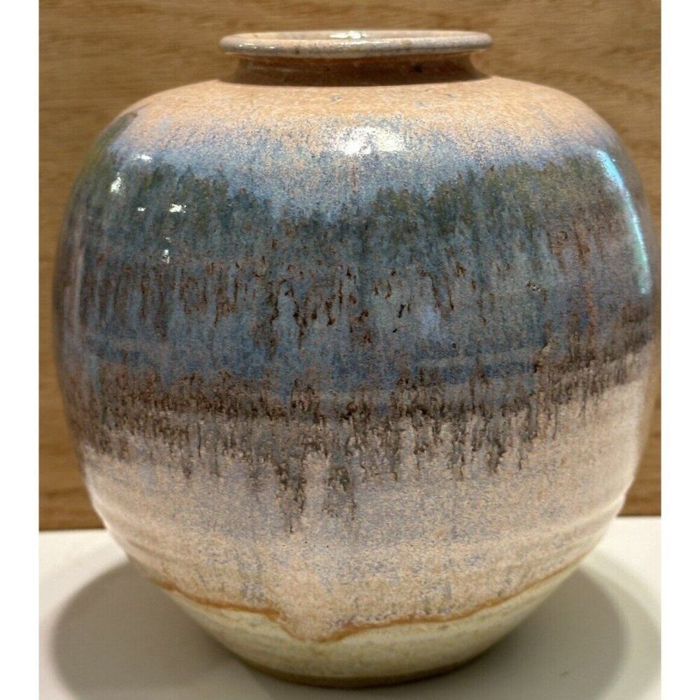 Vintage JOHN ALLAN Studio Art Pottery Vase Pastel Pink Blue Green Drip Glaze
